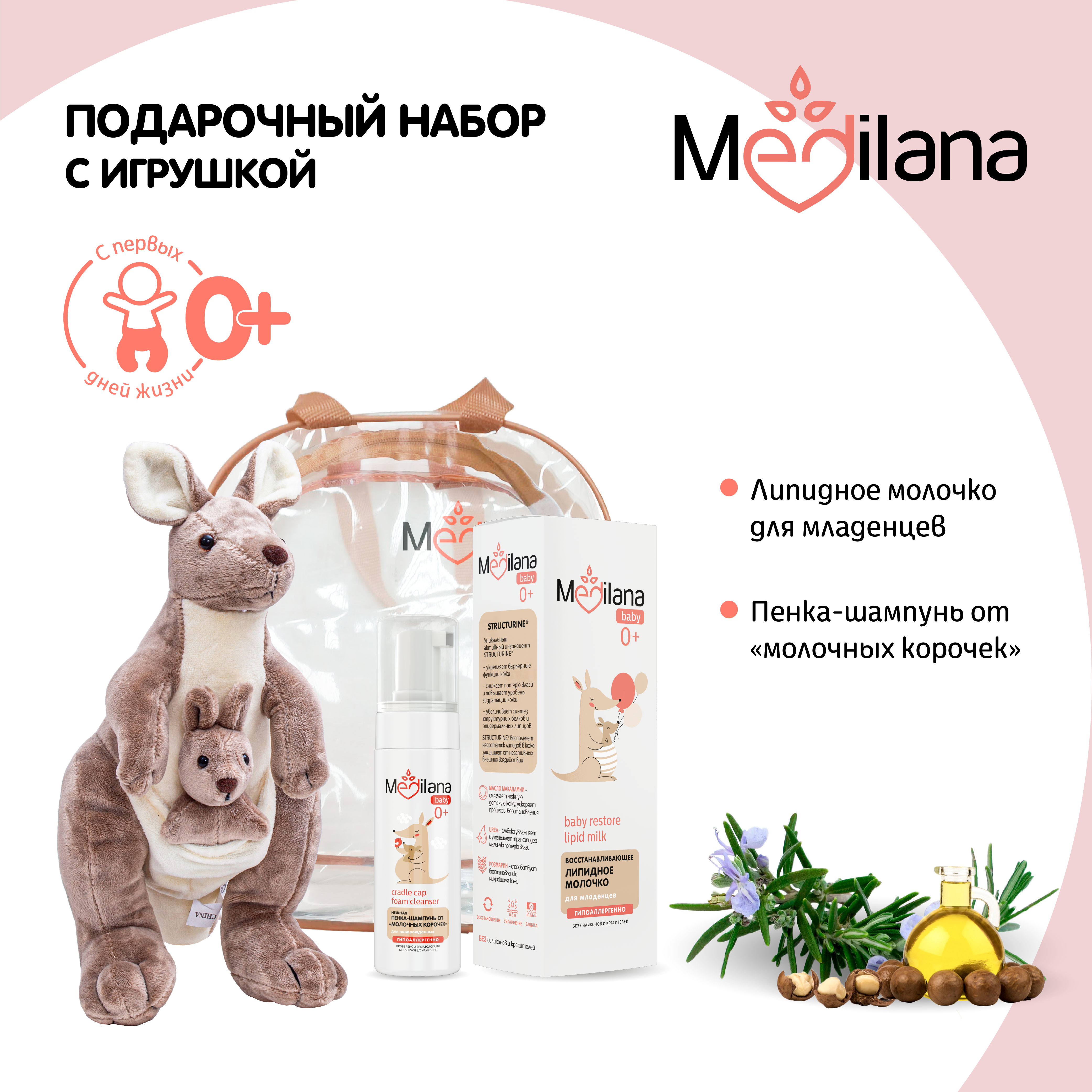 

Набор MEDILANA с игрушкой Восстанавливающее липидное молочко Шампунь от молочных корочек, Набор MEDILANA с игрушкой