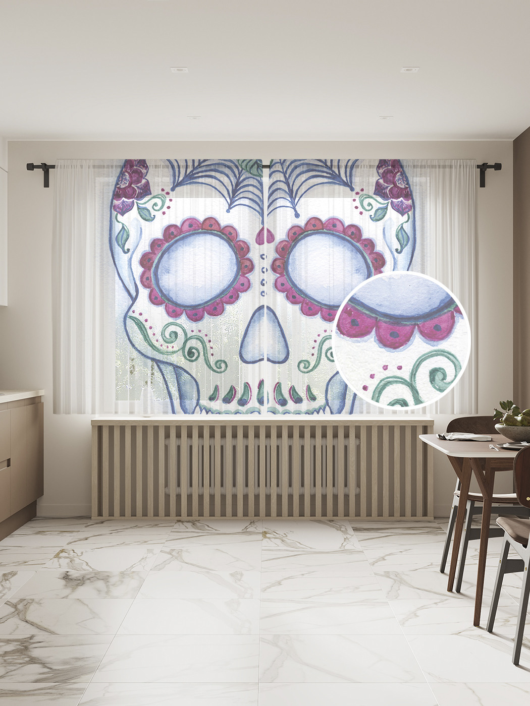 

Фототюль JoyArty "Череп на день поминовения", 145x180см (2 полотна с лентой + 50 крючков), Череп на день поминовения