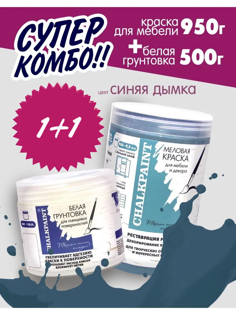 Краска меловая для мебели 950г, Синяя дымка+грунт 500г