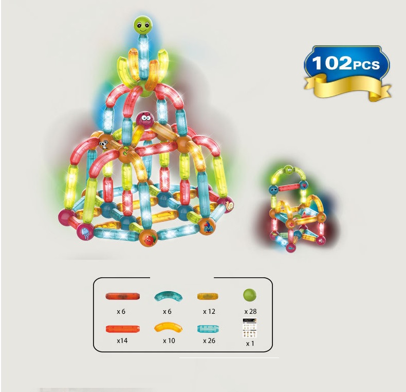 Магнитный конструктор STEM веселые палочки со светом, 102 детали 8908
