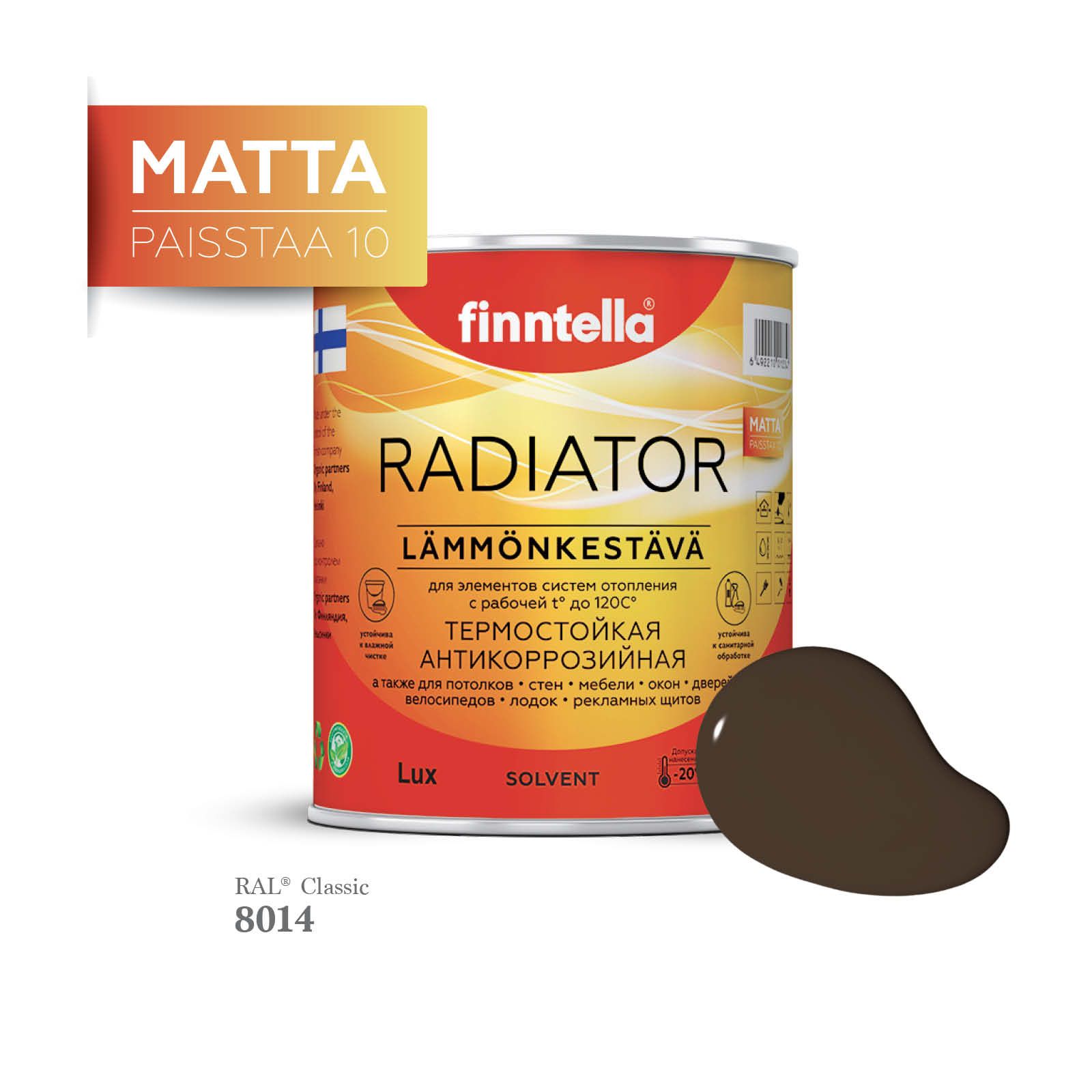 

Краска для радиаторов быстросохнущая финская эмаль FINNTELLA RADIATOR Matta. Матовая. Цвет, Коричневый, RADIATOR Matta RAL