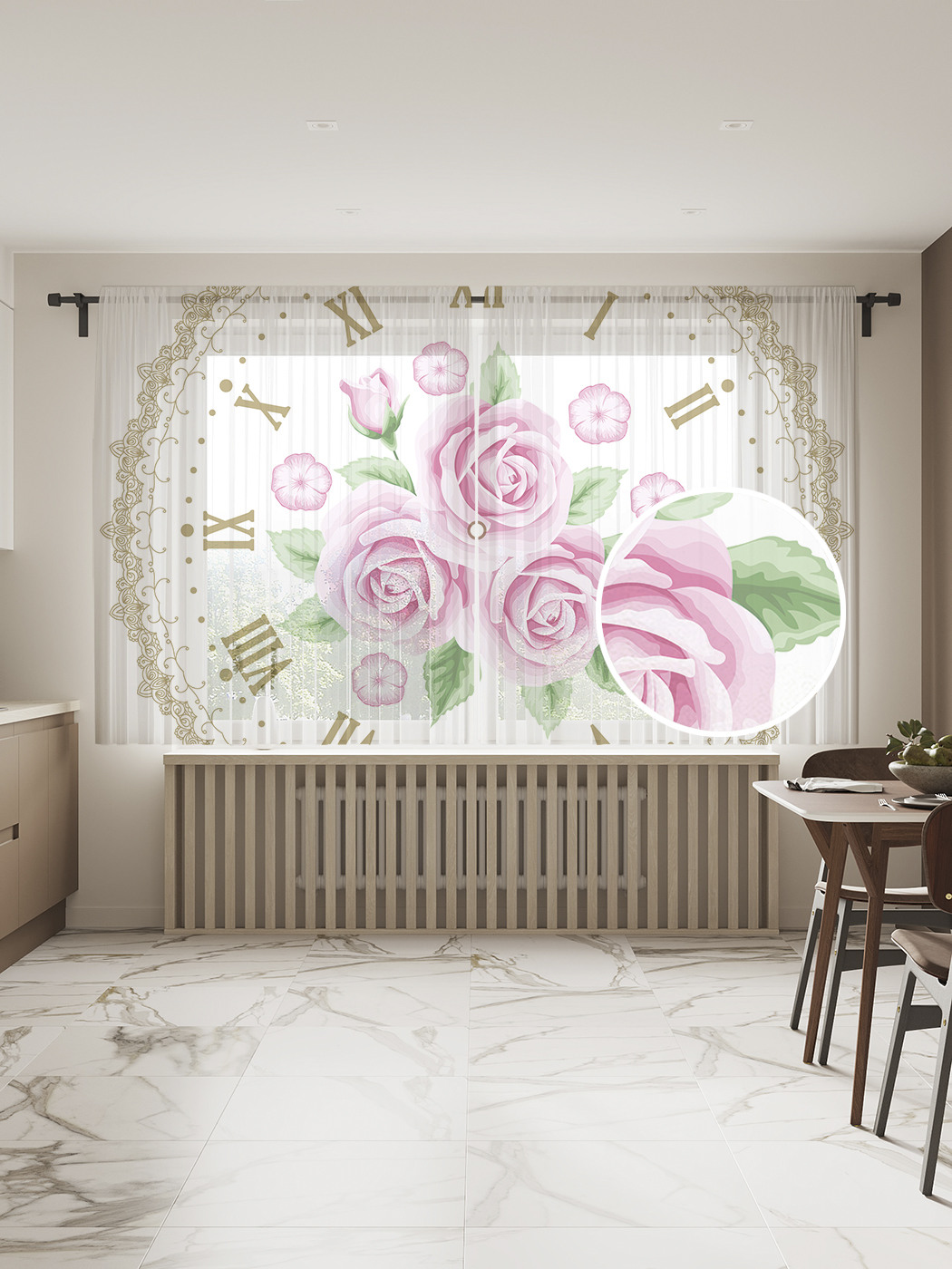 

Фототюль JoyArty "Цветочные часы", 145x180 см (2 полотна со шторной лентой + 50 крючков), Цветочные часы