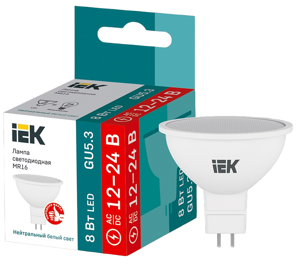 фото Iek лампа светодиодная mr16 софит 8вт 12-24в 4000к gu5,3