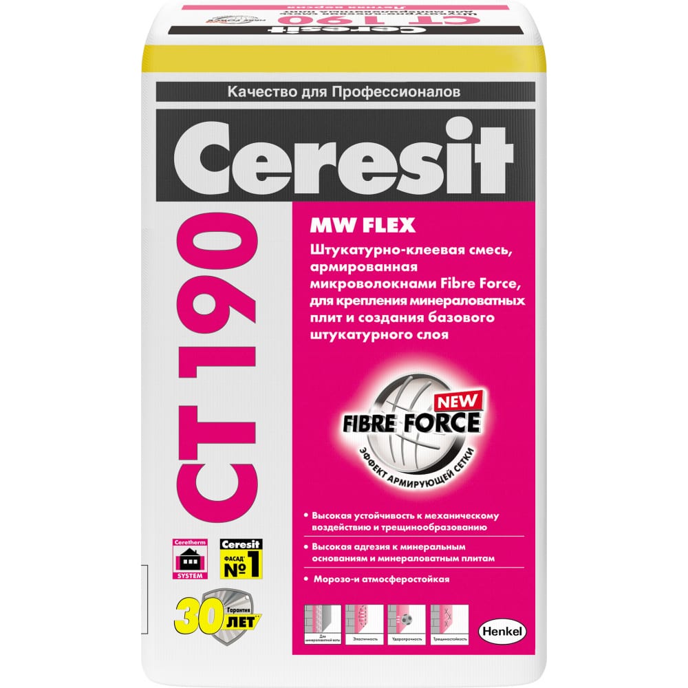 фото Ceresit ct190 штукатурно-клеевая смесь для систем теплоизоляции на минераловатных плитах (