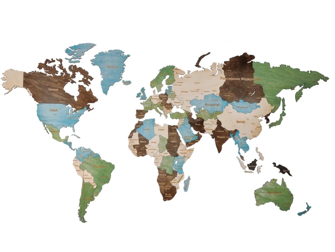 Интерьерная карта мира из дерева на стену 105x60 разноцветная / 3D