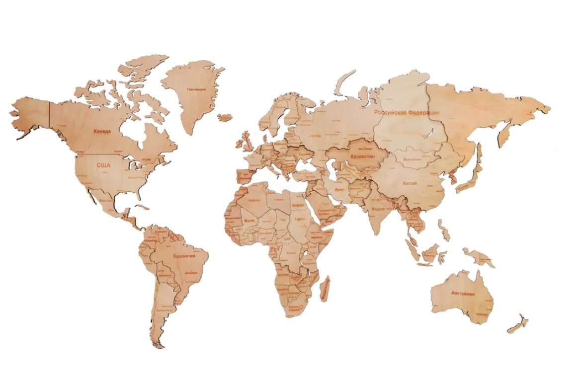 

Интерьерная карта мира из дерева на стену 181x100 натуральный цвет / Русский язык