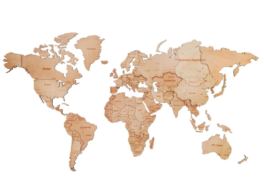 Интерьерная карта мира из дерева на стену 105x60 натуральный цвет / 3D многоуровневая