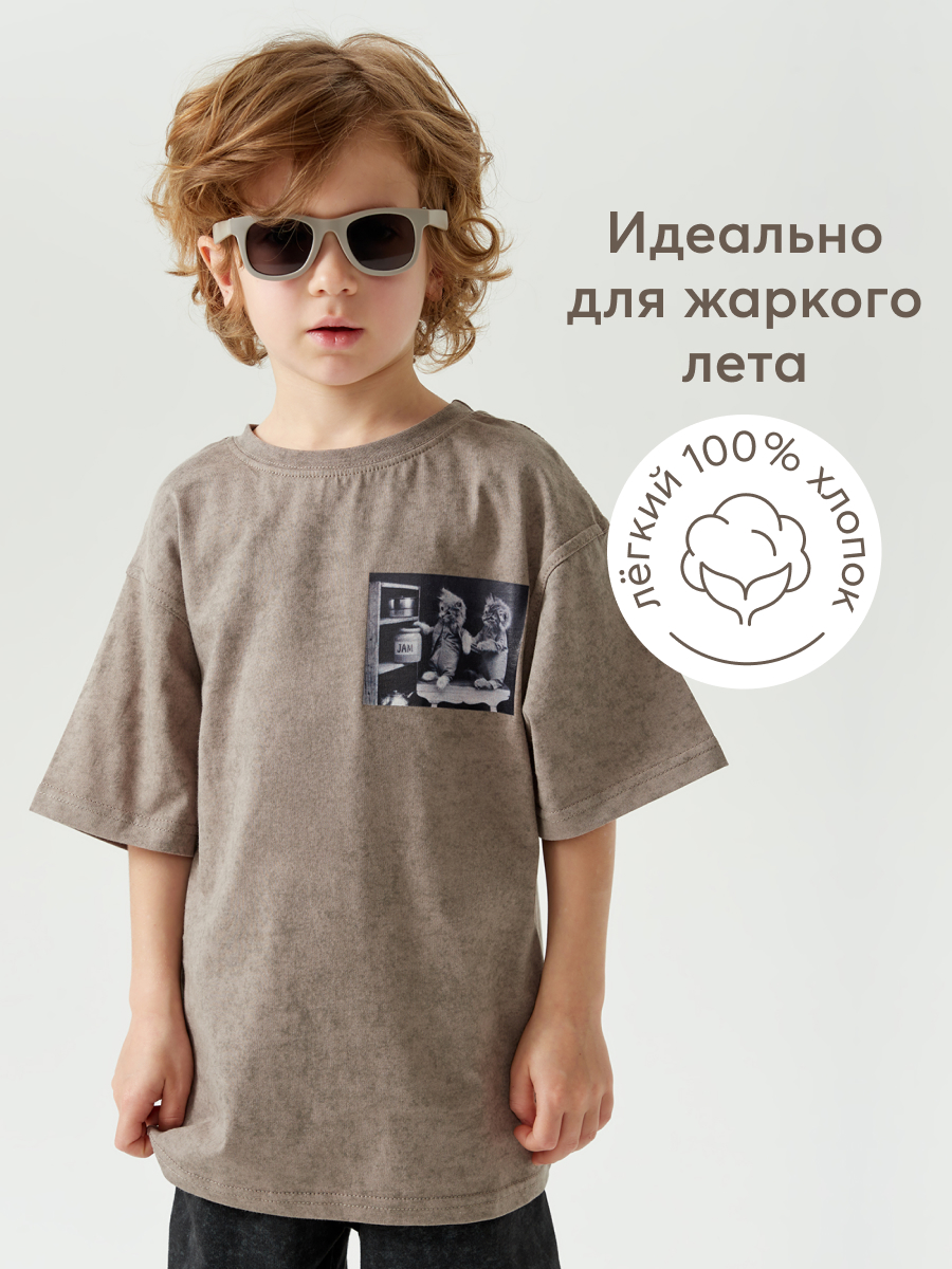 Футболка детская Happy Baby 88211, grey beige (cats), 104