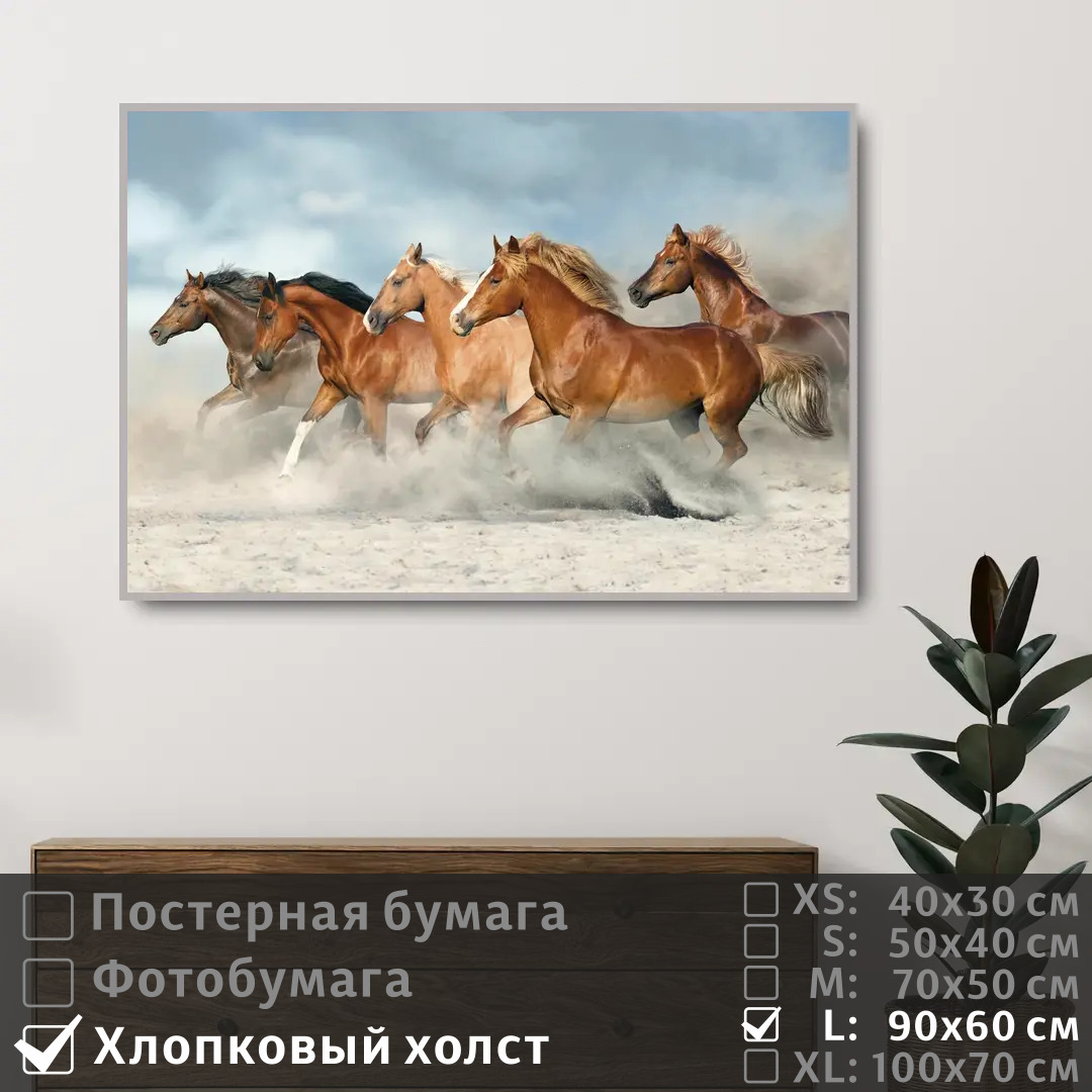 

Постер на холсте ПолиЦентр Лошади скачут по песку 90х60 см, ЛошадиСкачутПоПеску