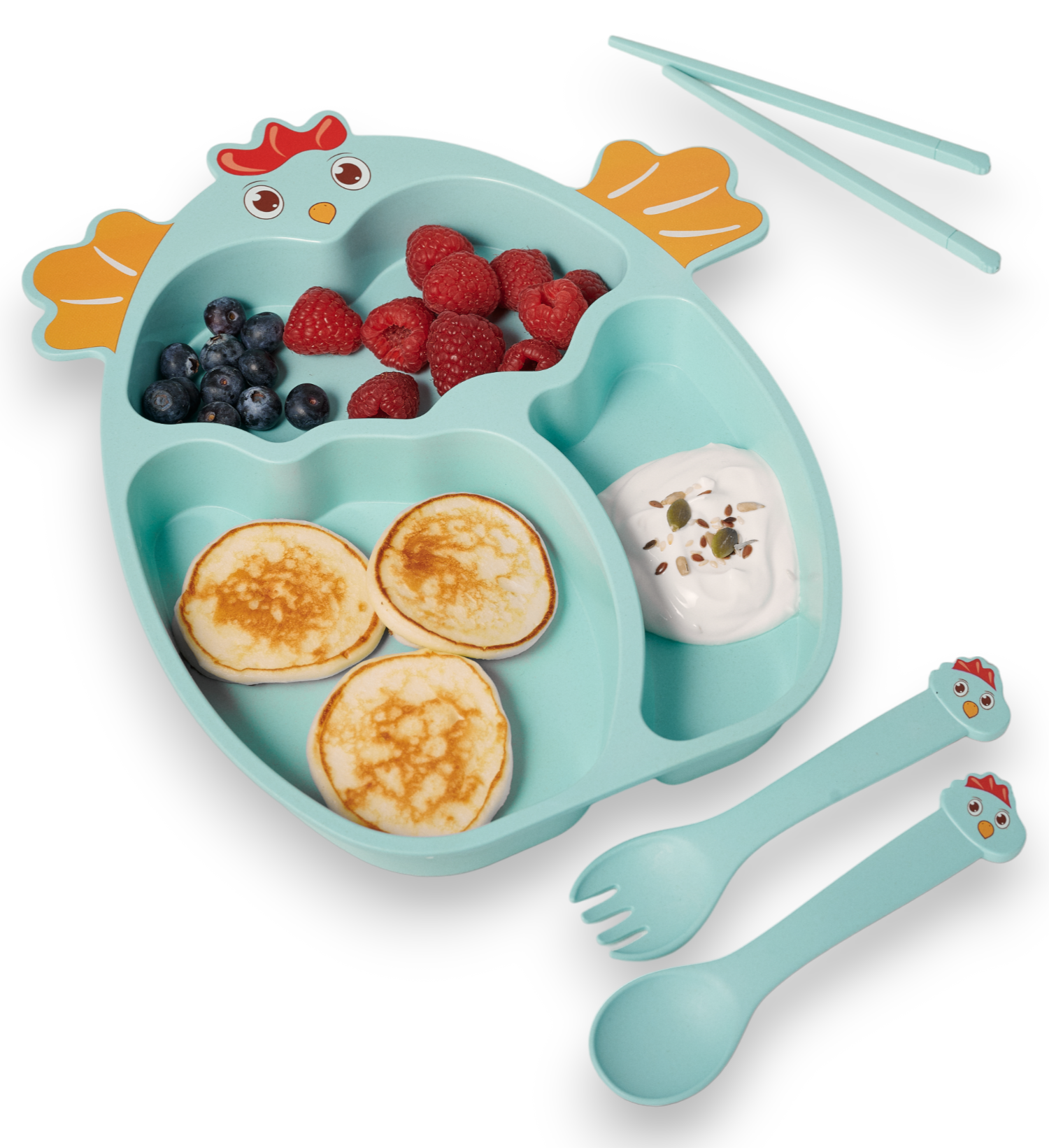 Детская посуда для кормления набор Цыпленок 4 предмета тарелка детская, ложка, вилка
