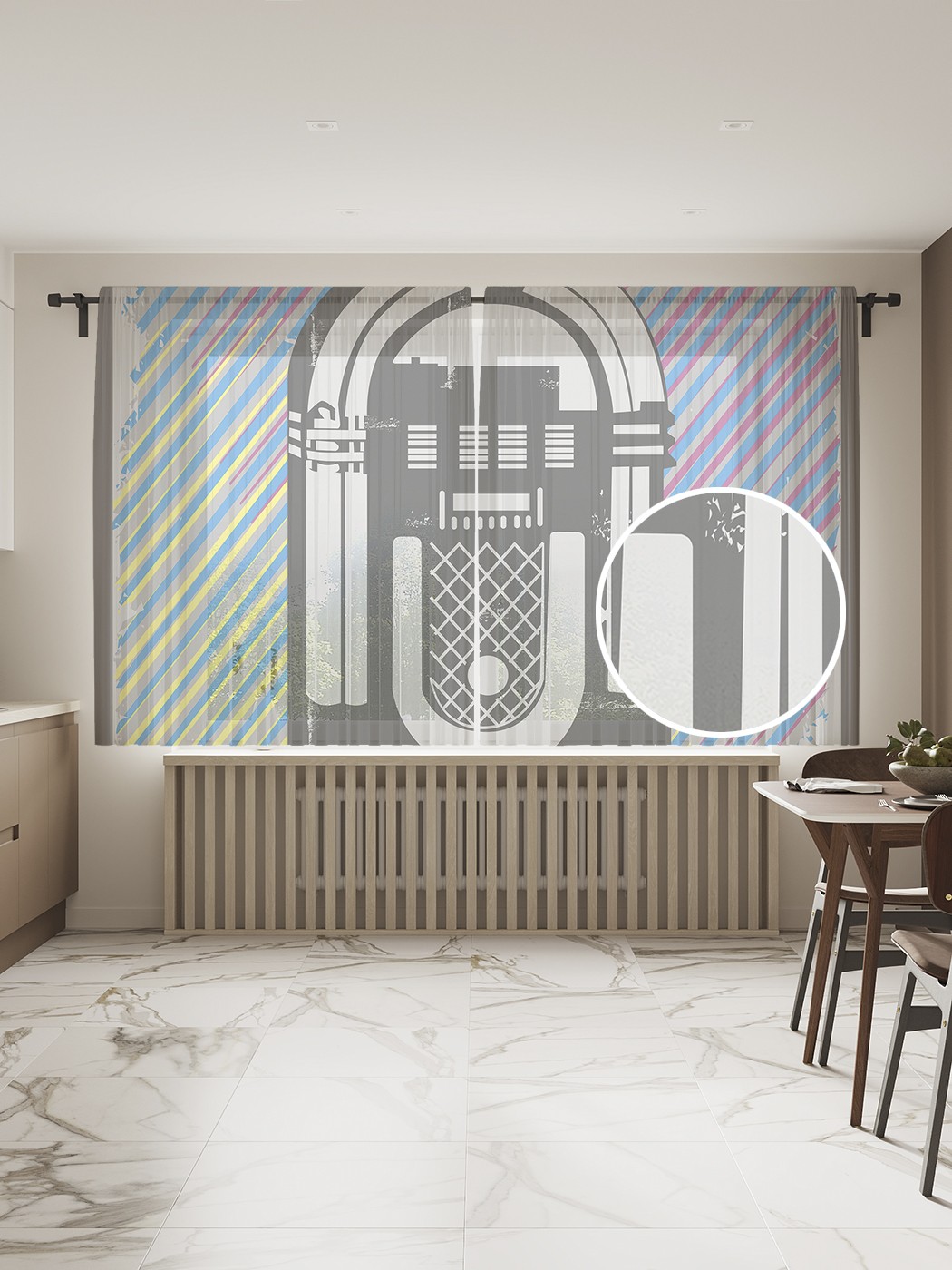 фото Фототюль joyarty "музыкальный автомат", 145x180см (2 полотна с лентой + 50 крючков)