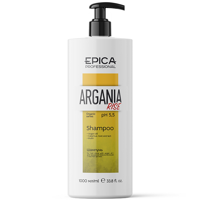 Шампунь для придания блеска Epica Argania Rise Organic 1000 мл спрей для придания блеска волосам с комплексом масел argania rise organic