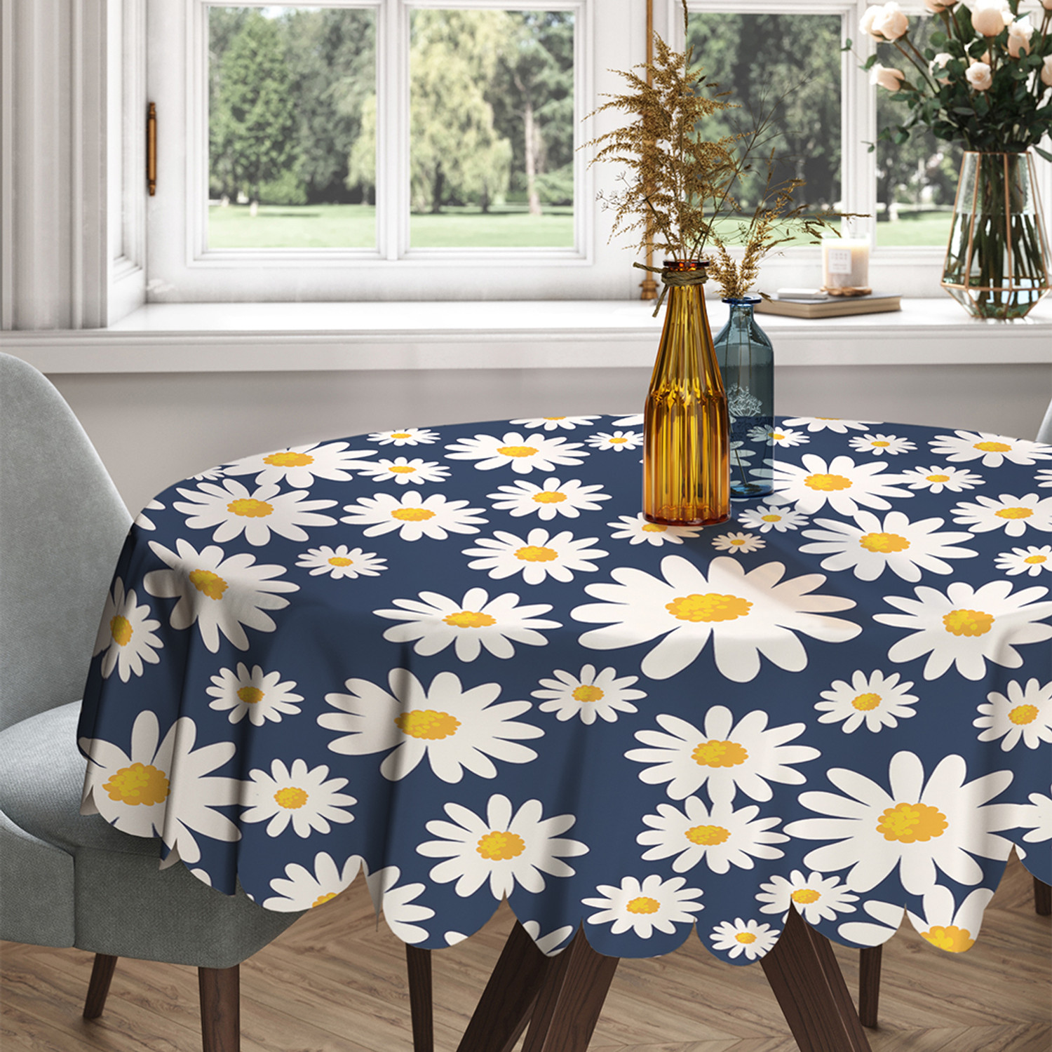 

Скатерть круглая тканевая на стол Поле ромашек 150х150 см, Синий, Поле ромашек