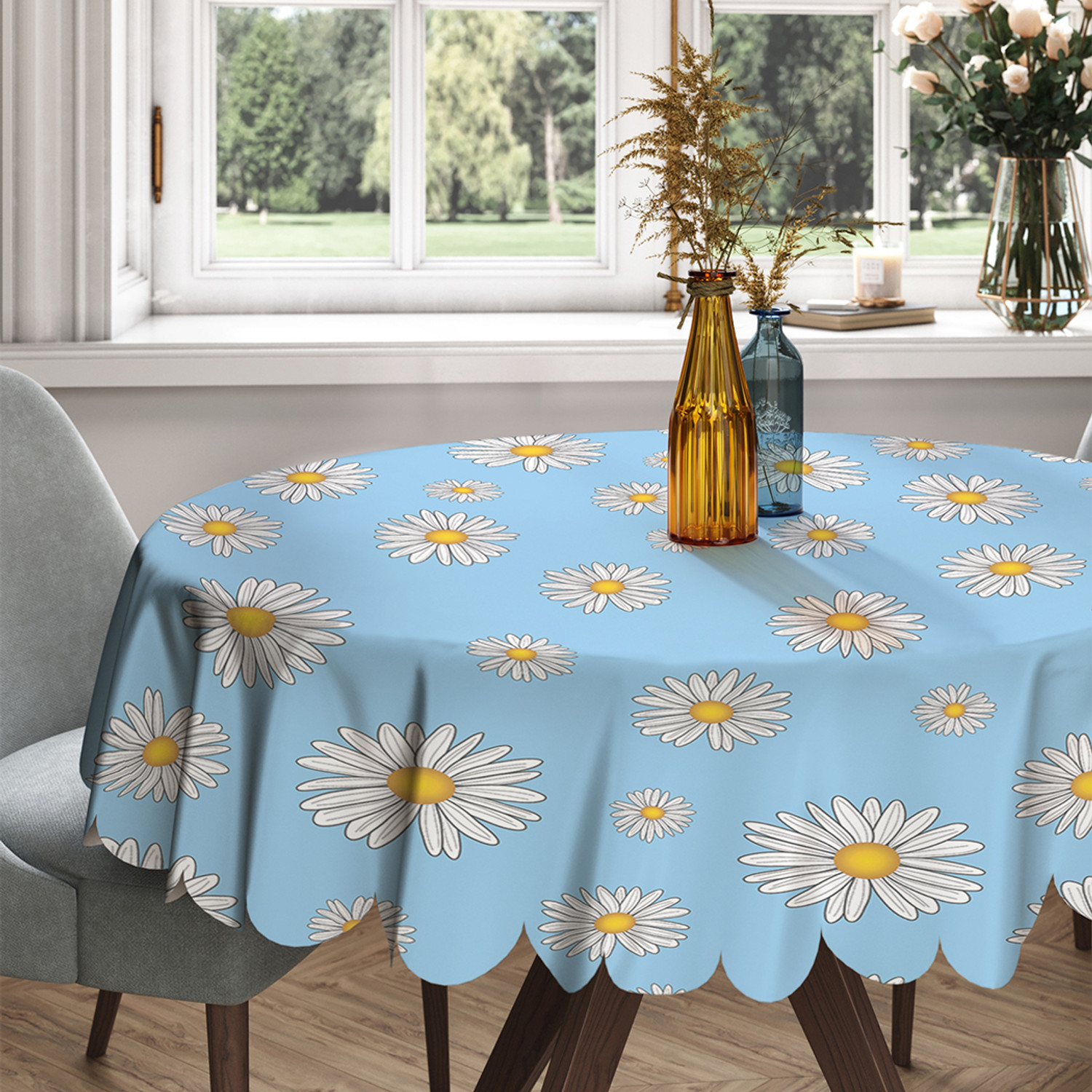 

Скатерть круглая тканевая на стол Полевые ромашки 150х150 см, Голубой, Полевые ромашки