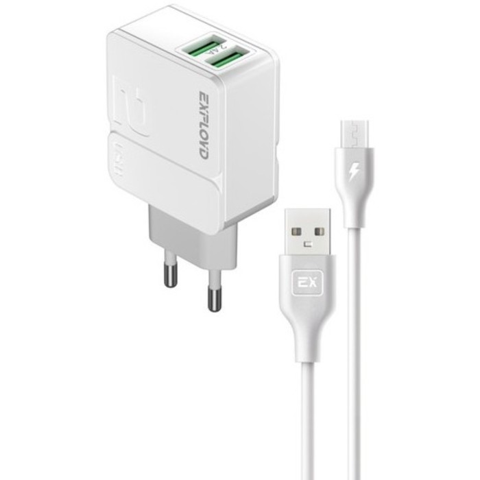 Сетевое зарядное устройство Exployd EX-Z-1441, 2 USB, кабель microUSB, белое