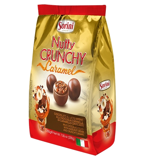 фото Шоколадные конфеты sorini nutty crunchy с ореховым кремом и кусочками карамели 200 г