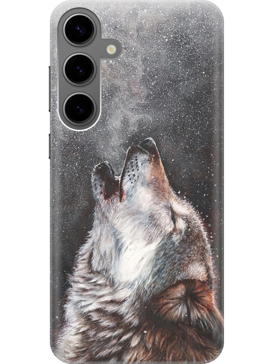 

Силиконовый чехол на Samsung Galaxy S24+ с рисунком "Морозный волк", Белый;серый;черный, 20011905