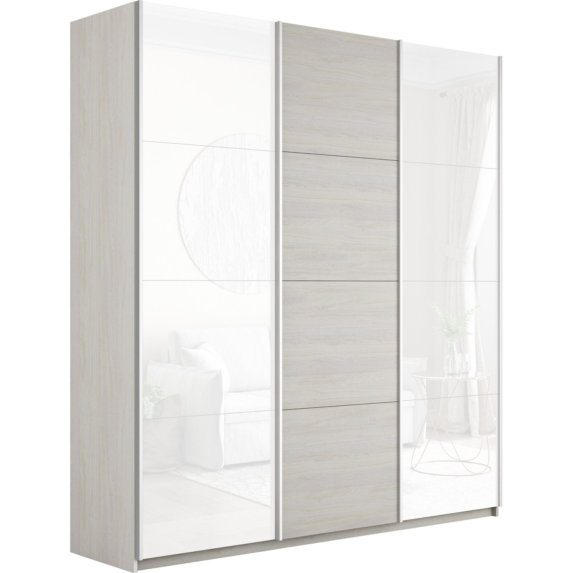 

Шкаф купе Е1 Прайм 3-х дверный Стекла белые/ДСП/Доводчики 210х57х230 Ясень Анкор Светлый, Бежевый, Прайм