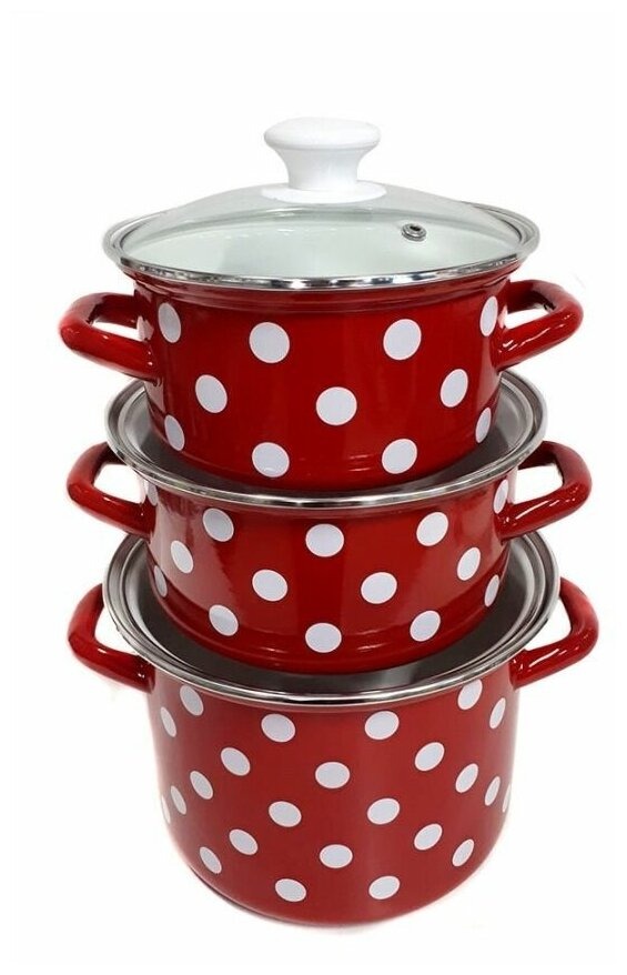 Набор эмал. посуда Белый горох-1-Люкс (красная) 1.9л,2.5л,3.7л)