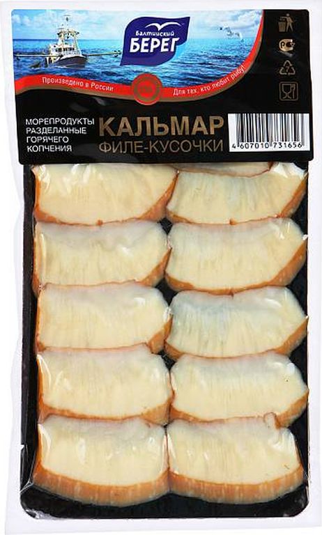 

Кальмар Балтийский берег филе-кусочки горячего копчения 100 г, филе кальмара