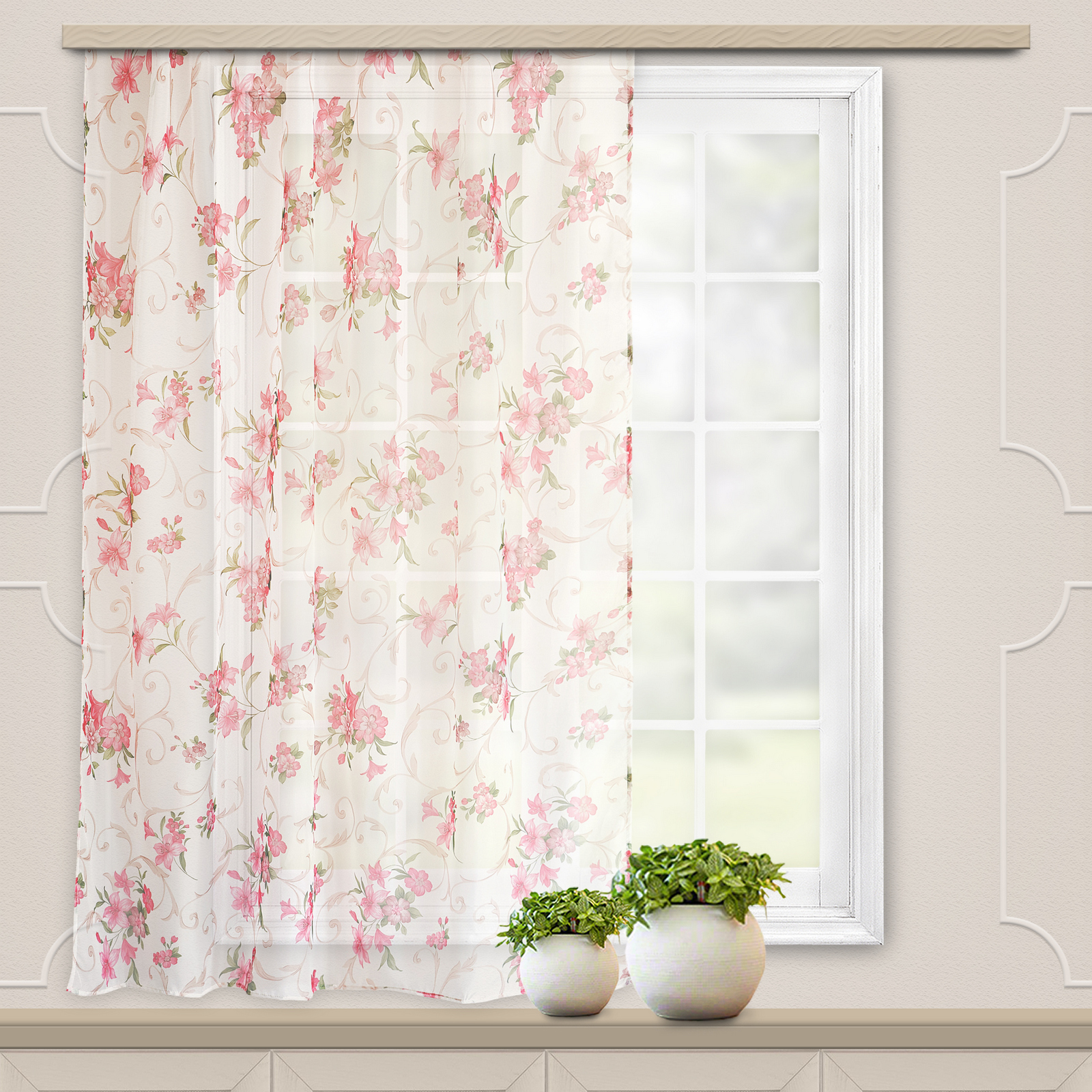 Штора вуаль печать лилии 140*145 см красный