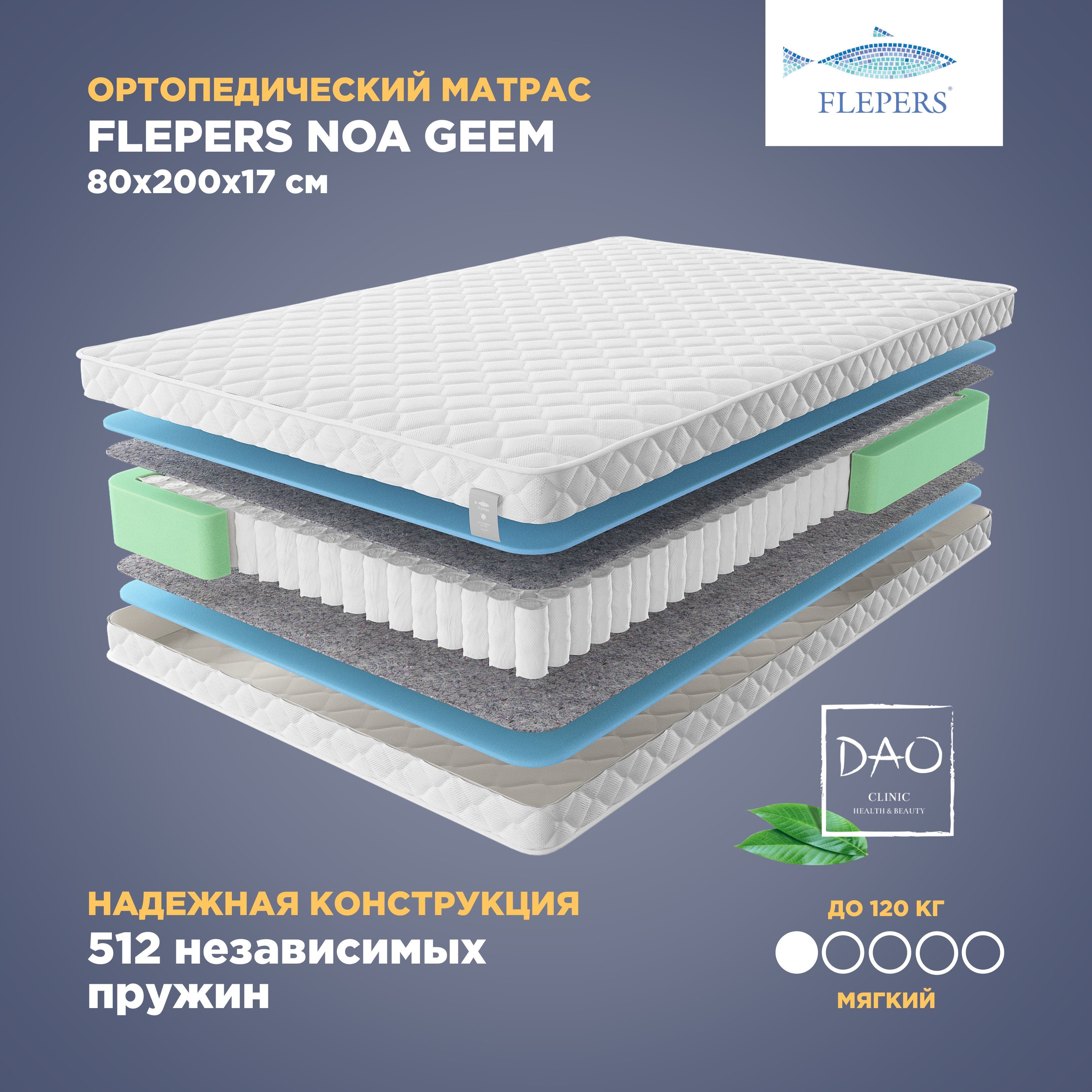 

Ортопедический матрас Flepers Noa Geem, 80х200 см, пружинный, Белый, Noa Geem