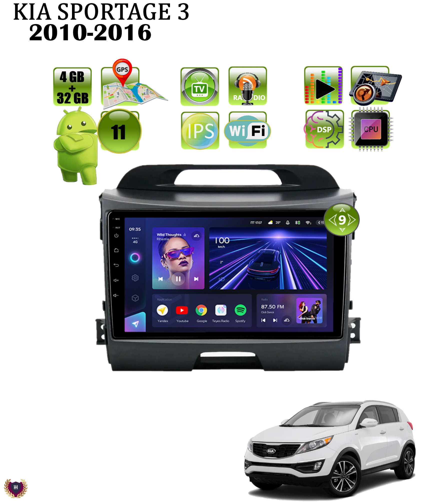Автомагнитола Podofo для KIA Sportage 3 (2010-2016), Android 11, 4/32 Gb, Wi-Fi, Bluetooth