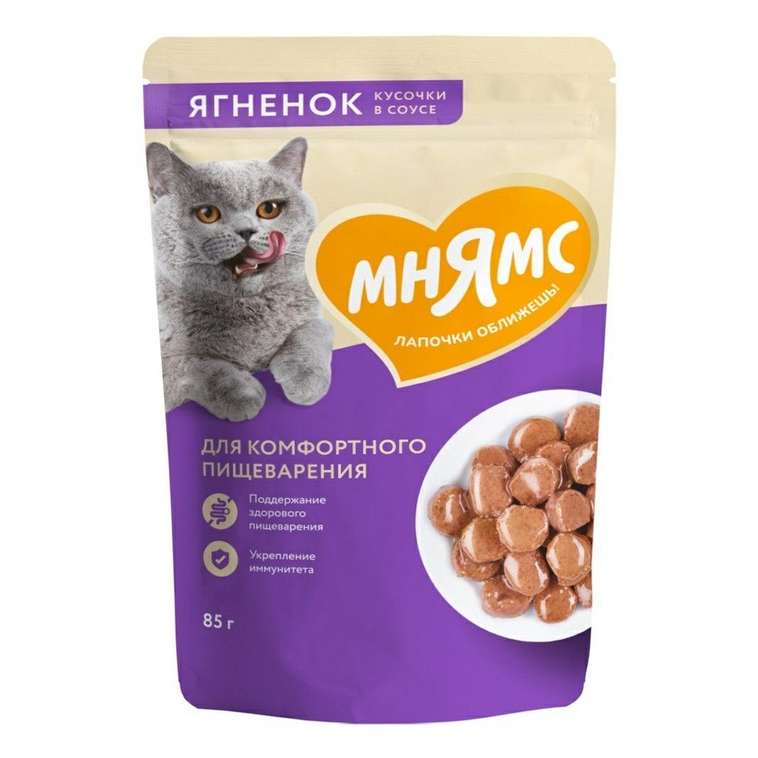 Влажный корм Мнямс кусочки в соусе с ягненком для комфортного пищеварения кошек 85 г