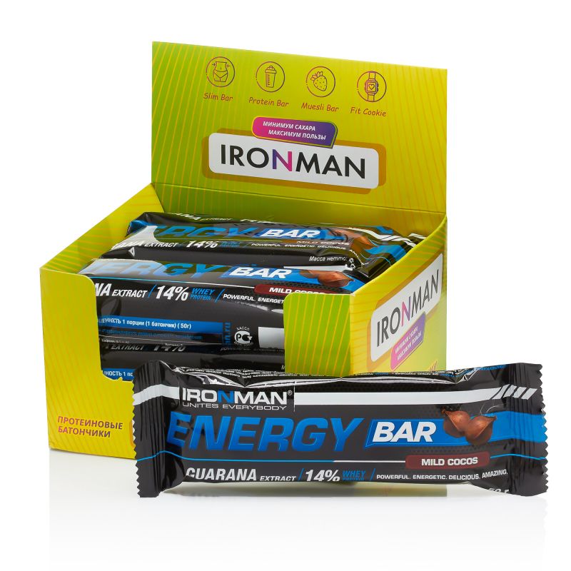 

Energy Bar с гуараной, шоу-бокс 12x50г, 2 вкуса IRONMAN 12 шт кокос / темная глазурь