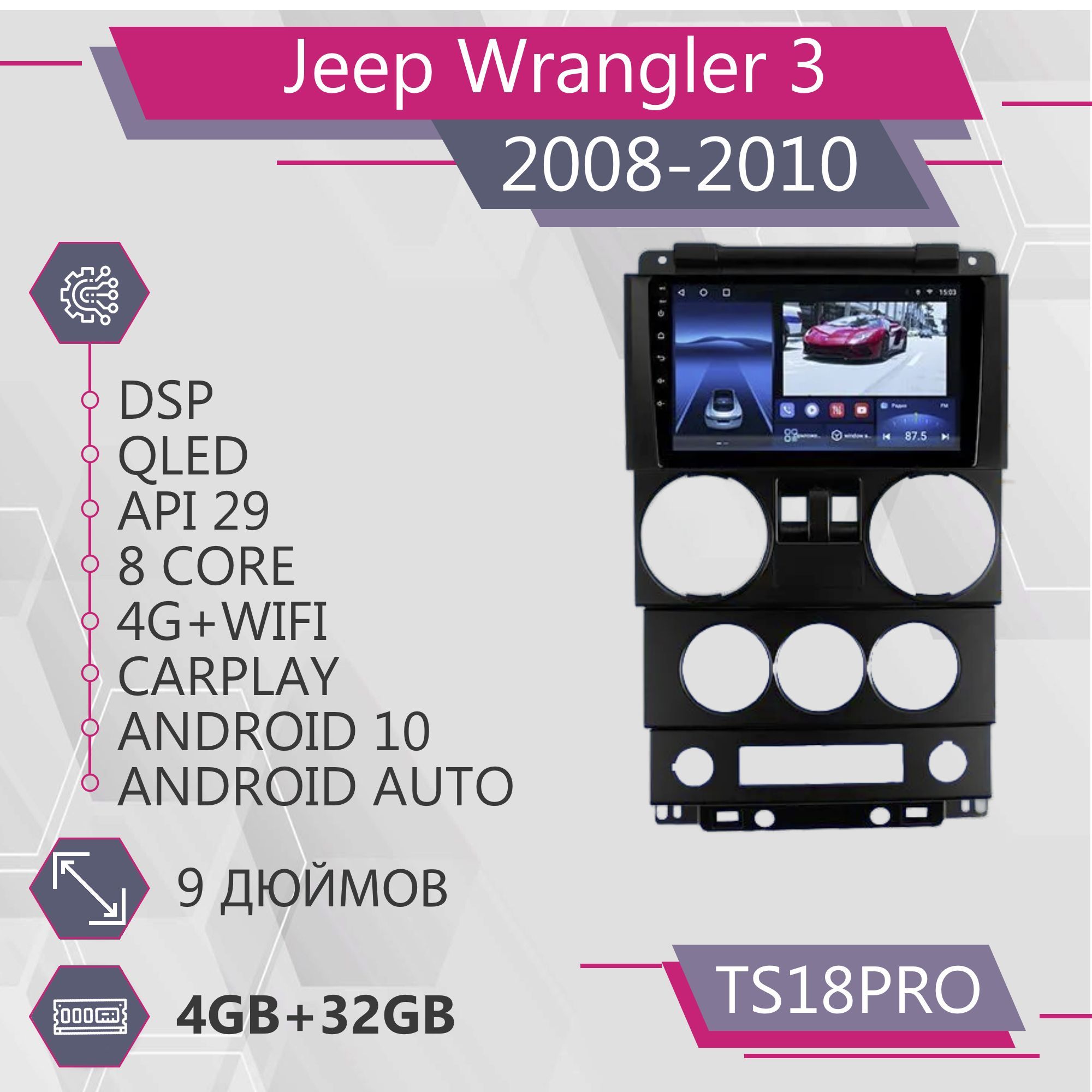 Магнитола Точка Звука TS18Pro для Jeep Wrangler 3 JK/ Джип Вранглер 4+32GB 2din
