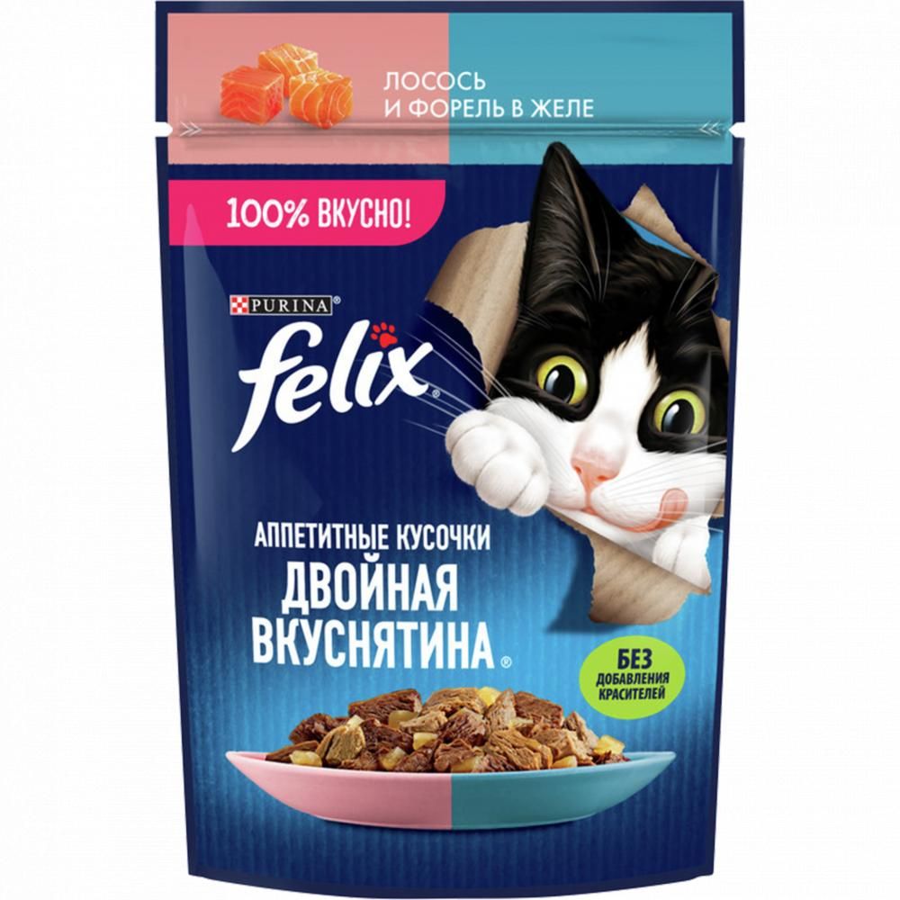 

Влажный корм Felix Аппетитные кусочки Двойная вкуснятина с лососем и форелью для кошек 75г