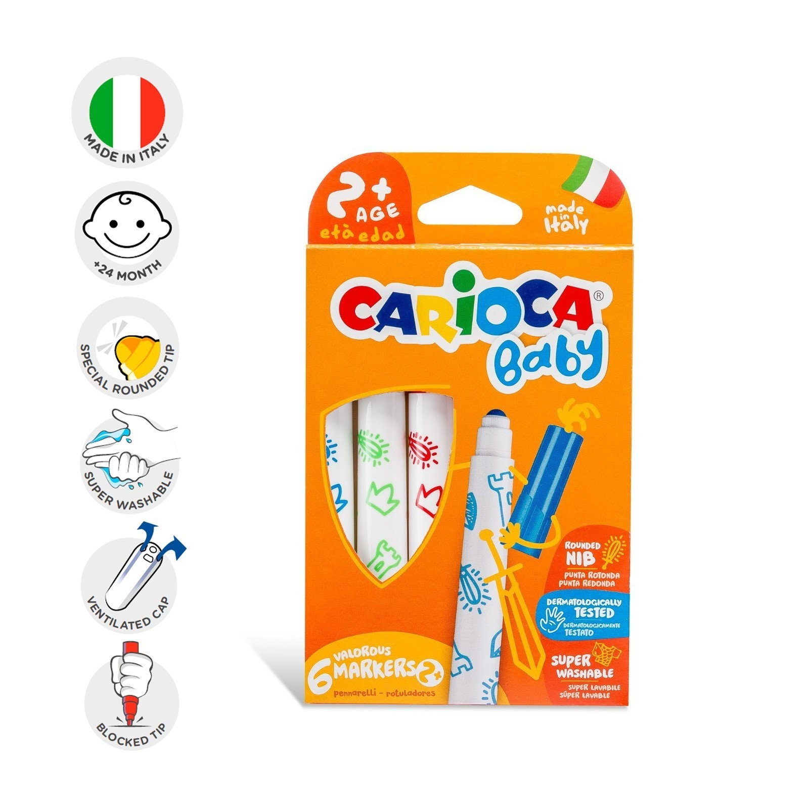 

Фломастеры Carioca "Baby", 06цв., утолщенные, смываемые, картон, европодвес
