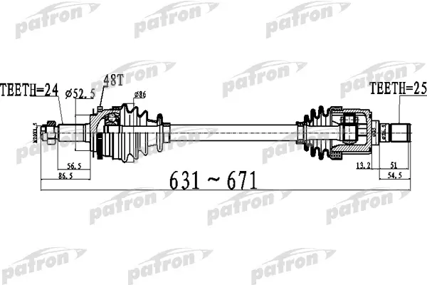 

Полуось передний мост слева 24X631X52,5X25 ABS:48T KIA PICANTO (BA) 1.0MT PATRON PDS0513