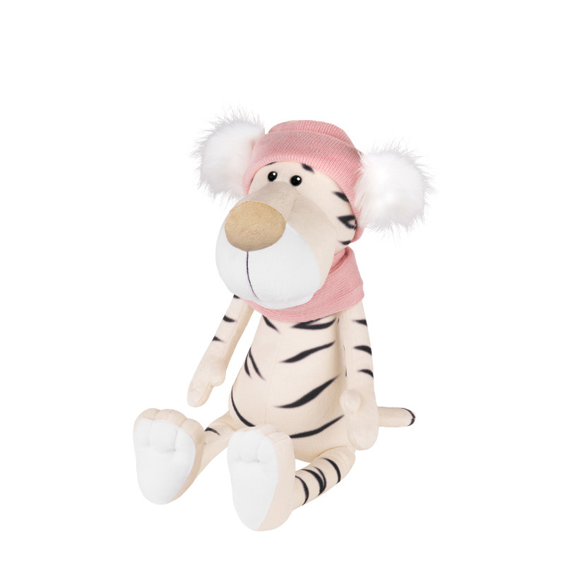 фото Мягкая игрушка maxitoys luxury белая тигрица в шарфе и шапке с помпонами, 20 см