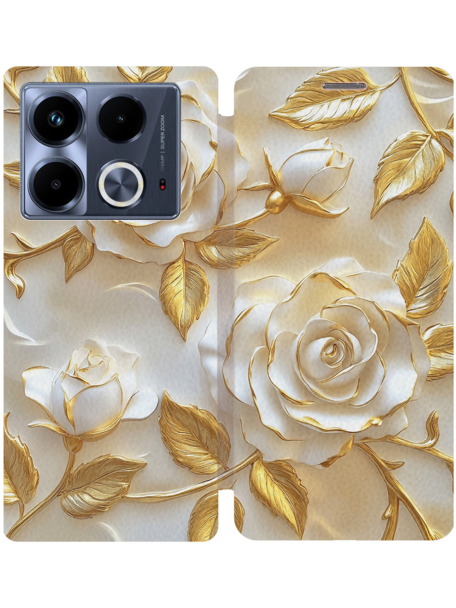 

Чехол-книжка на Infinix Note 40 с принтом "Белые розы" золотой, Золотистый;белый, 782626423