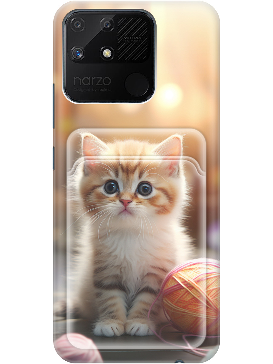 

Силиконовый чехол на Realme narzo 50A с рисунком "Котик и нитки", Белый;желтый;розовый, 20012039