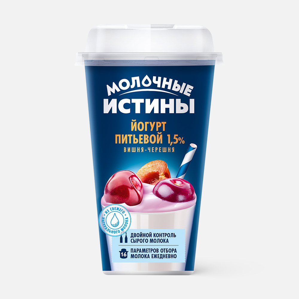 

Йогурт Молочные истины питьевой, с вишней и черешней, 1,5%, 230 г
