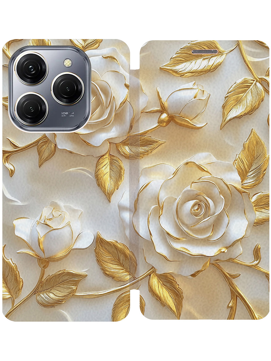 

Чехол-книжка на Tecno Spark 20 Pro с принтом "Белые розы" золотой, Золотистый;белый, 779829023
