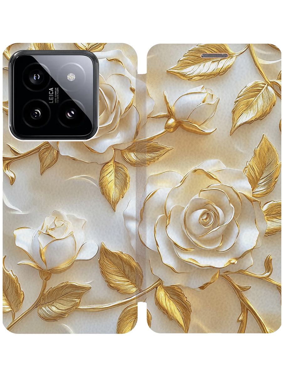 

Чехол-книжка на Xiaomi 14 Pro с принтом "Белые розы" золотой, Золотистый;белый, 777771023