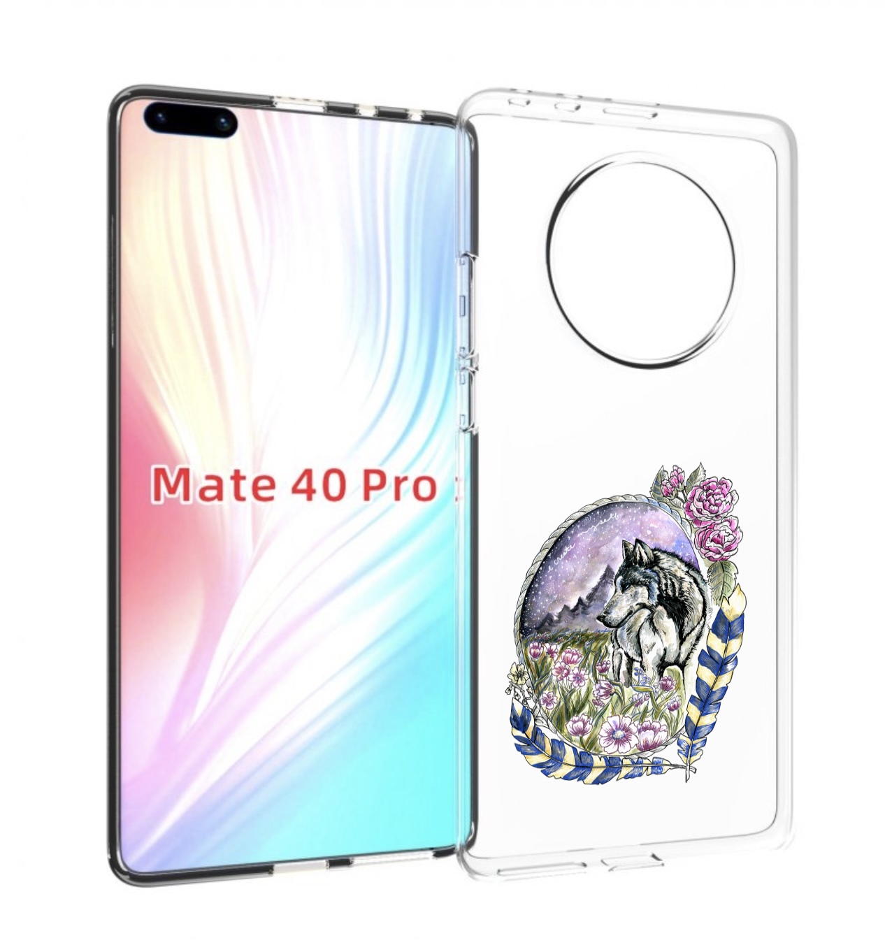 Чехол MyPads нарисованный волк в цветах с перьями для Huawei Mate 40 Pro (NOH-NX9)