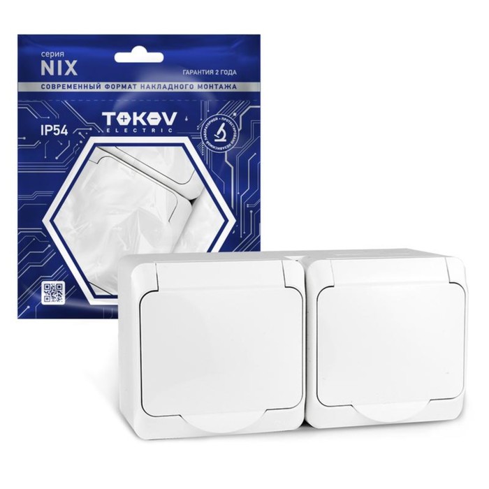 фото Розетка tokov electric, nix, 2-м, 16а, ip54, 250в, с з/к, с кр, белый