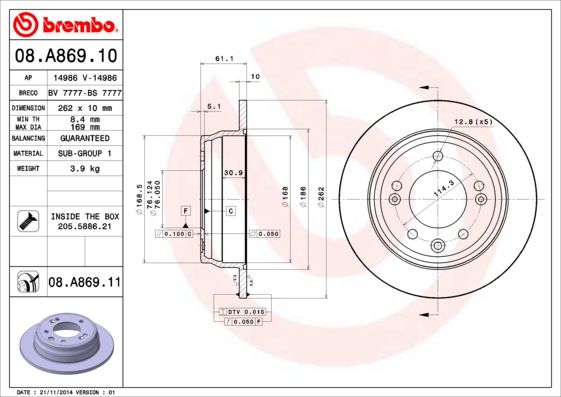 

Диск Тормозной Brembo Painted Disc 08.A869.11 Brembo 08A86911