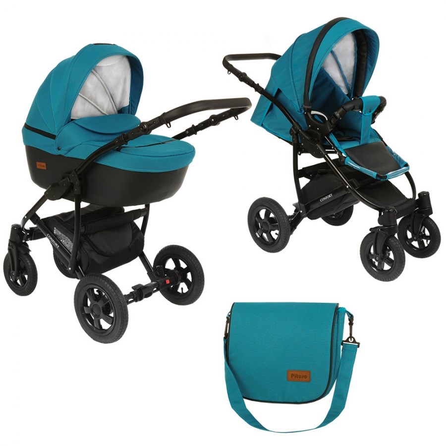 

Детская коляска 2 в 1 Pituso Confort, цвет: бирюза + кожа темный графит, рама черная