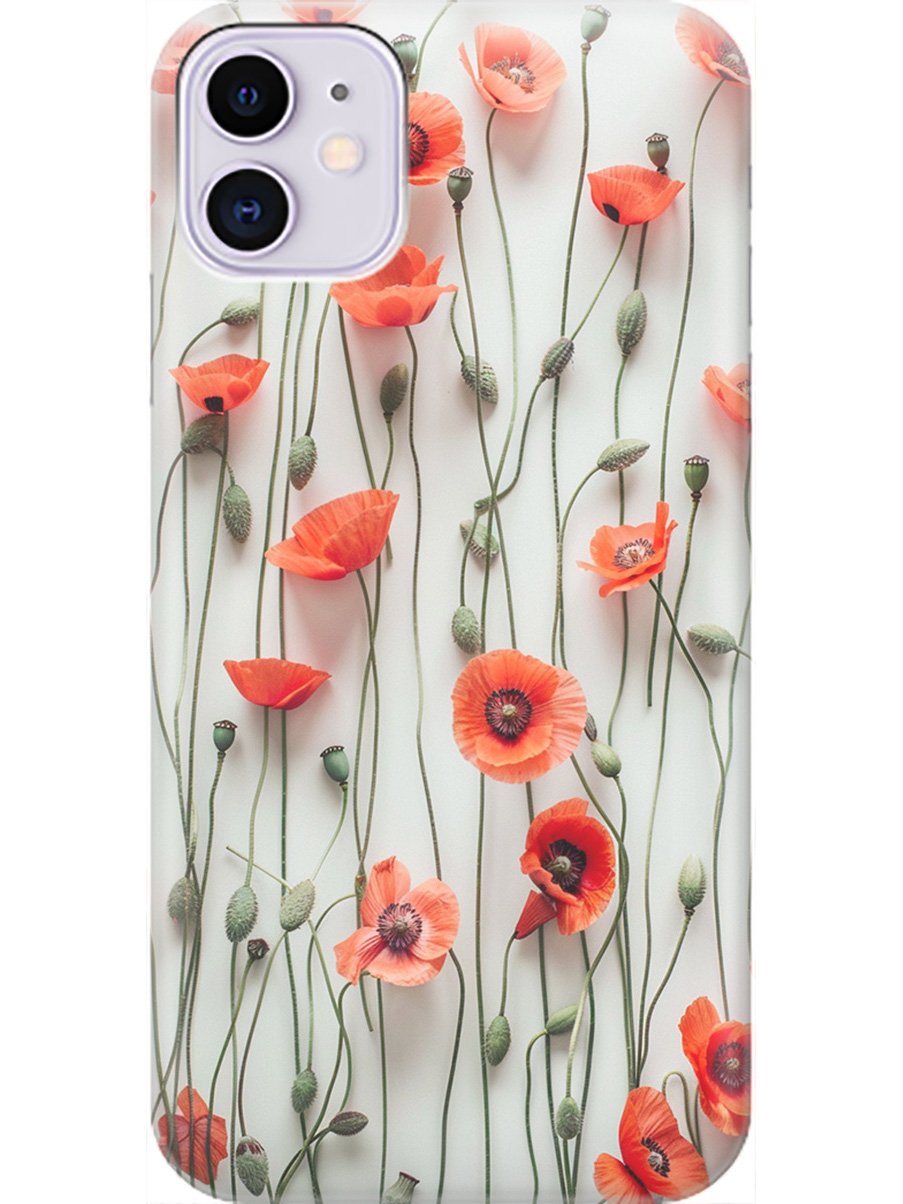 

Силиконовый чехол на Apple iPhone 11 с рисунком "Маки на белой стене", Белый;красный, 20000889
