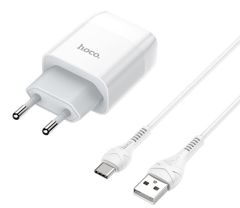 фото Сетевое зарядное устройство hoco c73a, 2xusb, type-c, 2,4 a, white