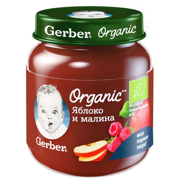 Пюре фруктовое Gerber Organic Яблоко, малина с 5 мес. 125 г, 1 шт.