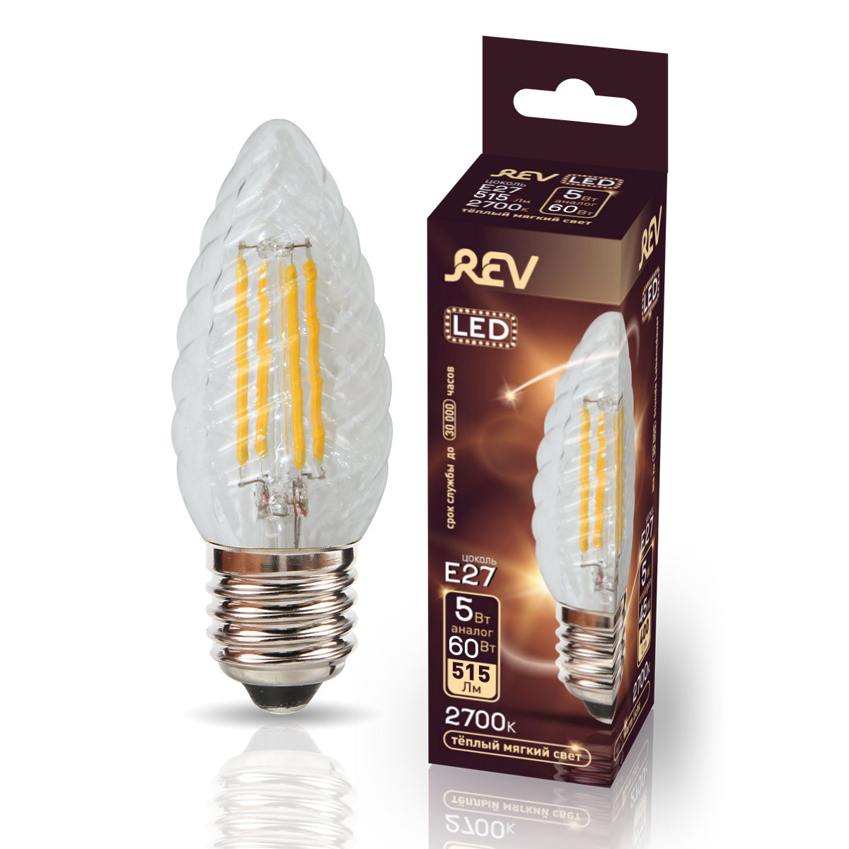 фото Лампа светодиодная rev filament свеча витая tc37 e27 5w, 2700k, deco premium, теплый свет