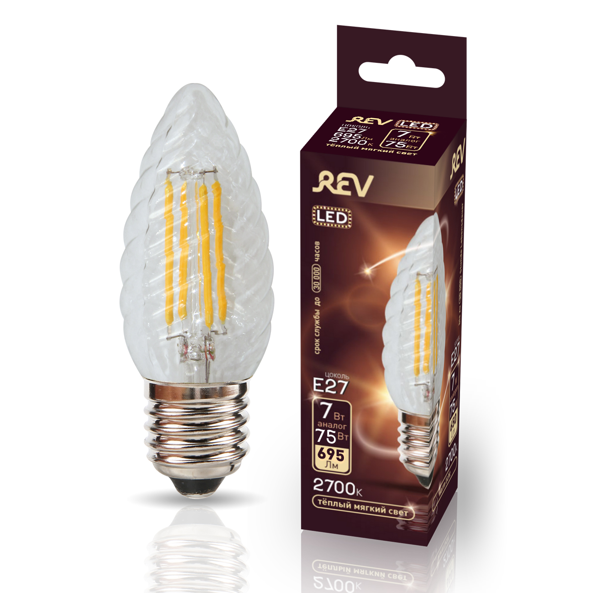 фото Лампа светодиодная rev filament свеча витая tc37 e27 7w, 2700k, deco premium, теплый свет