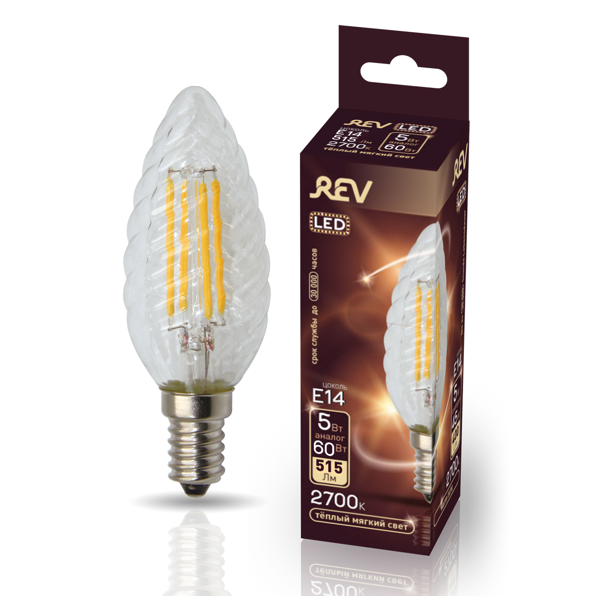 фото Лампа светодиодная rev filament свеча витая tc37 e14 5w, 2700k, deco premium, теплый свет