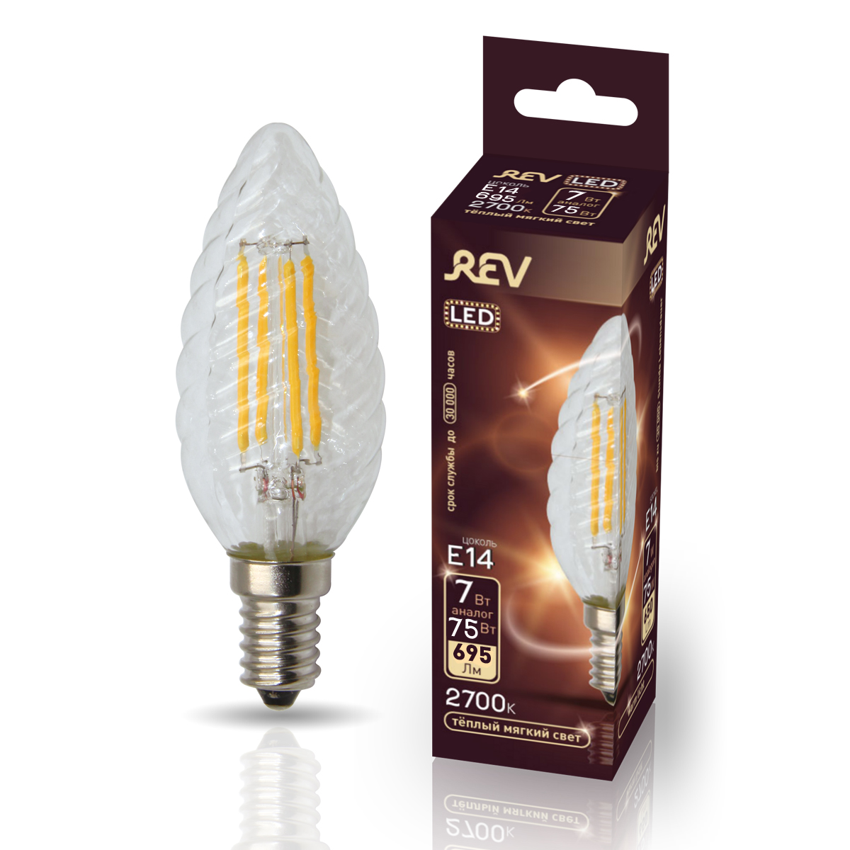 фото Лампа светодиодная rev filament свеча витая tc37 e14 7w, 2700k, deco premium, теплый свет